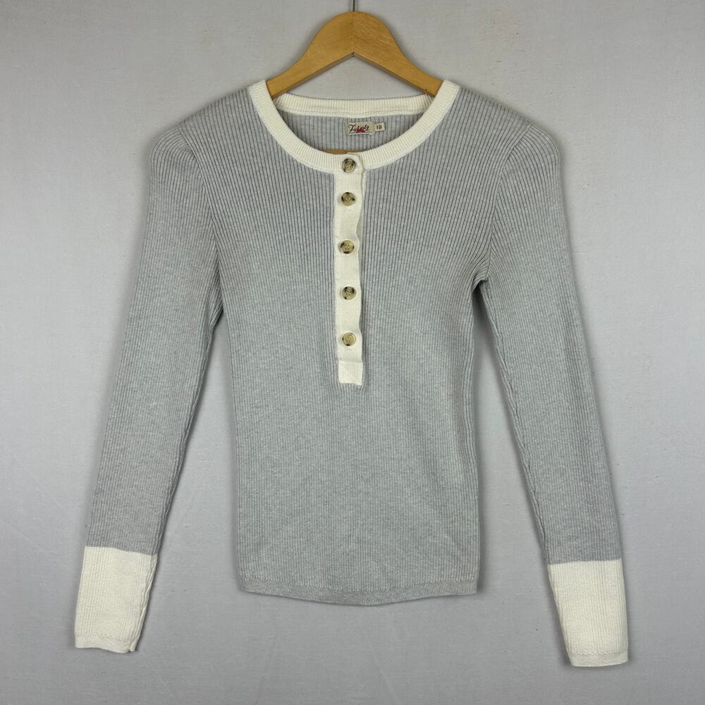 Faherty Mikki Henley Neutral Colorblock Long Sleeve Gray/White Women's Size S